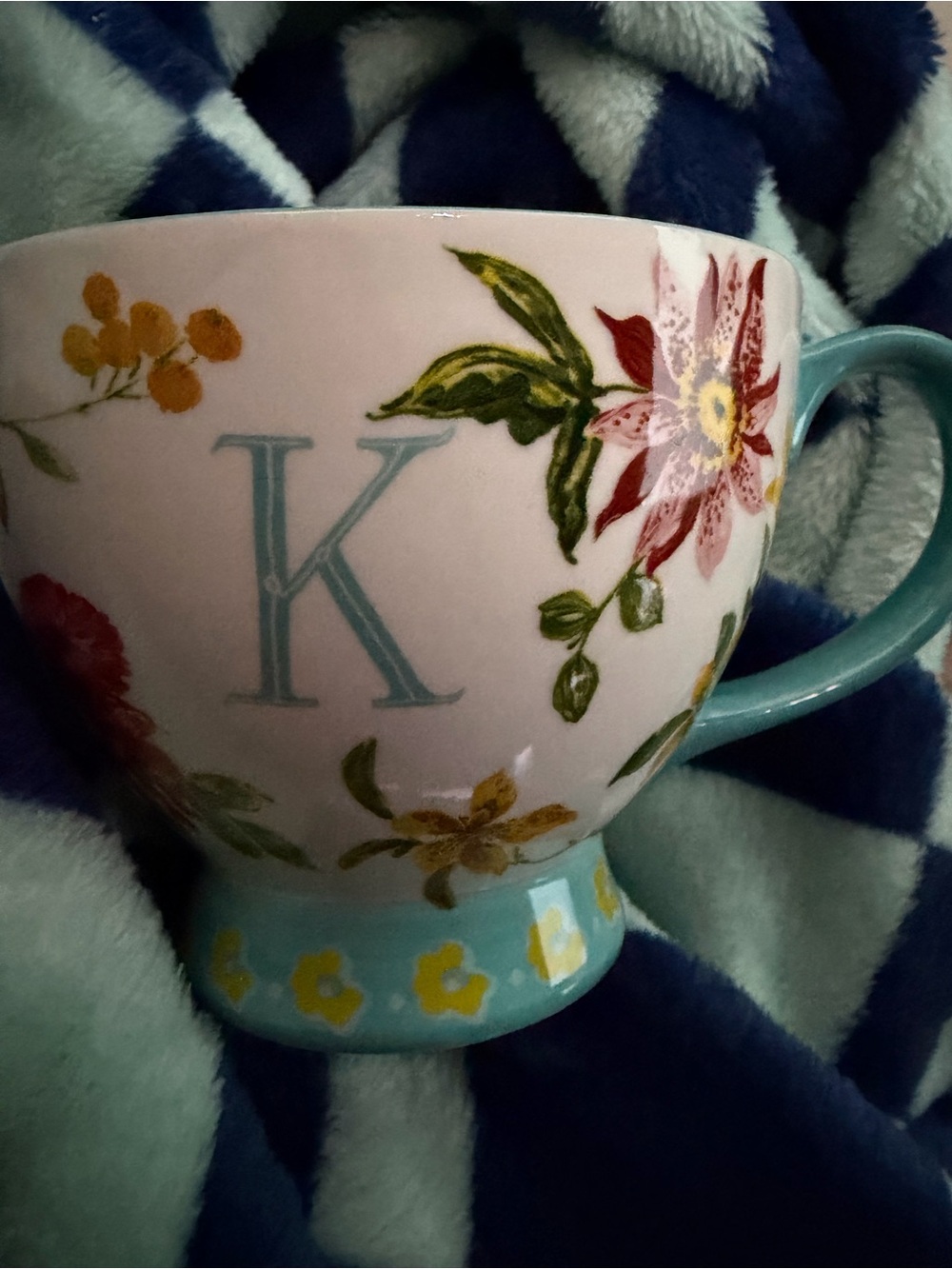 Monogram Floral K Accent Mug in Pastel wPink & Aqua